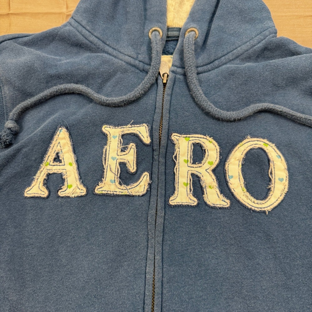 Aeropostale Mens Full Zip Hoodie Blue AERO Applique Logo Sweatshirt Large L